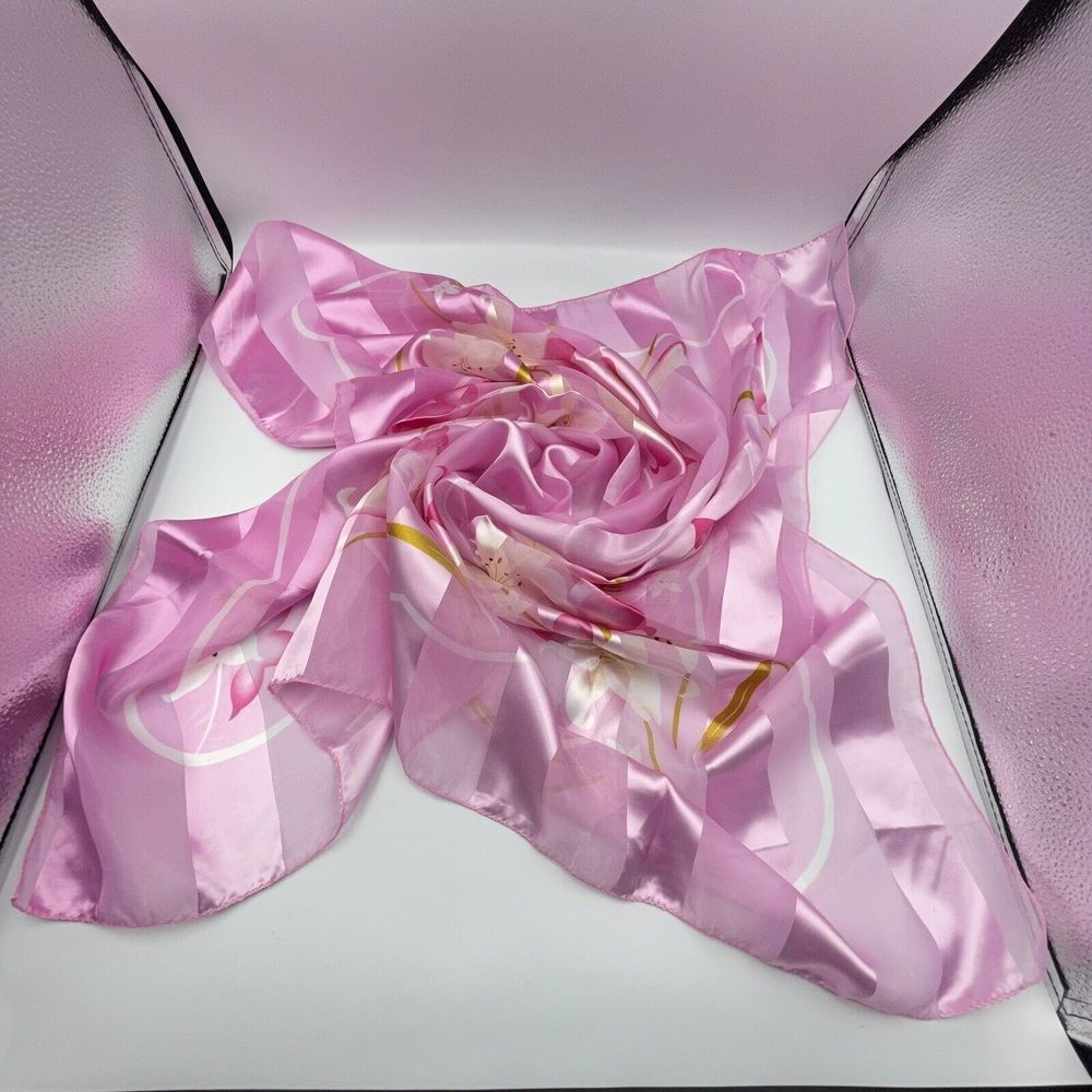 Silk Square Scarf Women 37 x 37 Inches Shawl Wrap floral Pink - Picture 2 of 6